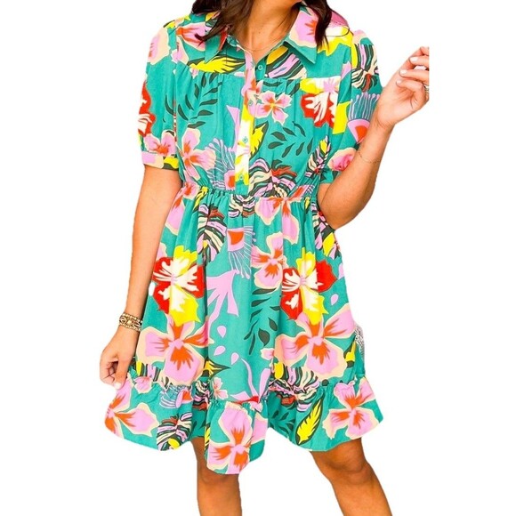 Jodifl Jade Frilled Flounce Hem Dress Size Large Multi Floral Bubble Sleeve